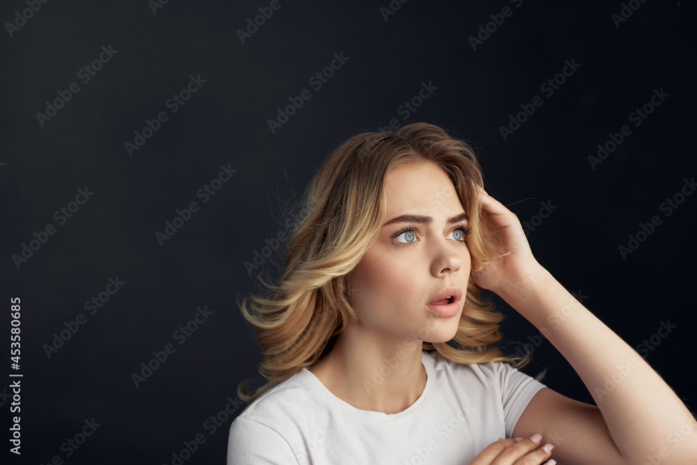 pretty woman attractive look makeup posing dark background pretty woman attractive look makeup posing dark background
