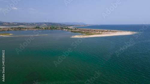 Panoramic drone clip of a small tropical peninsula in Strimonas, Macedonia, North Greece