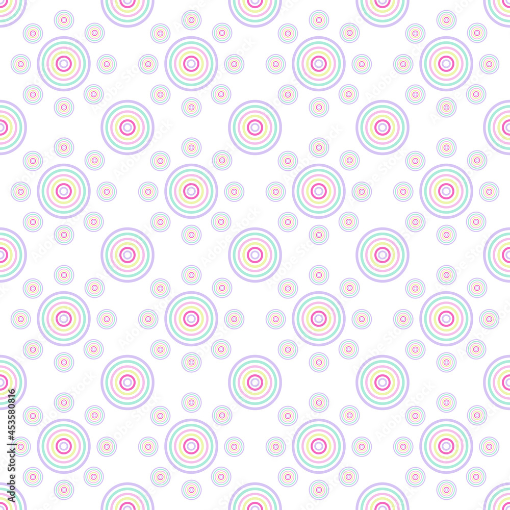 Abstract graphics seamless with rainbow colored overlapping circles  (big and small) pattern on a white background. Vector flat design creative for fabric, wrapping, textile, wallpaper, apparel