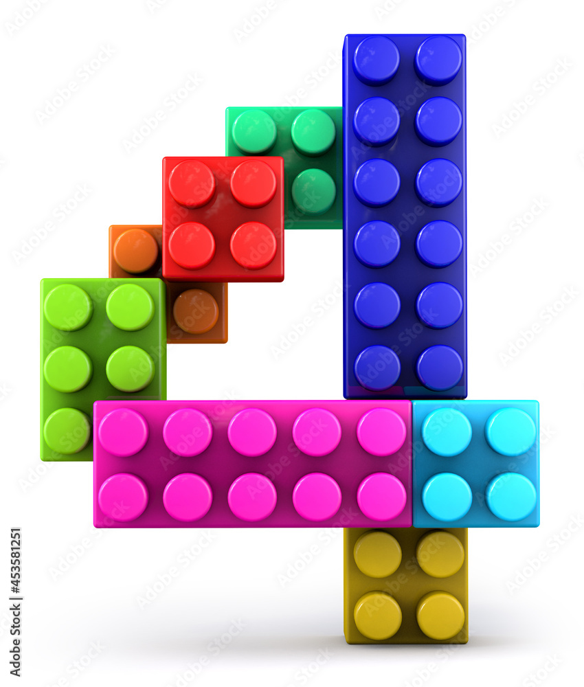 Number 4 made of colorful Lego bricks. 3d letter. 3d illustration. Stock  Illustration | Adobe Stock