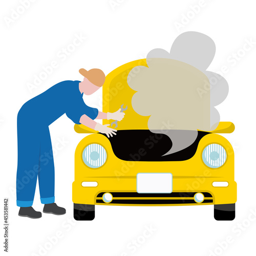 故障車の修理をしている作業員イラスト