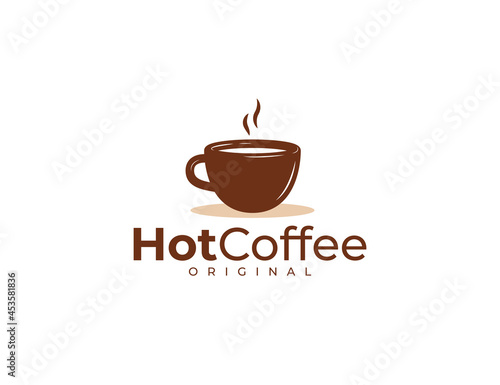 Hot coffee logo design template with brown mug