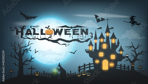 Happy Halloween background with pumpkin ghost, Haunted house with full moon and The witch was casting magic spells and made poison. Template for Halloween party. Vector illustration
