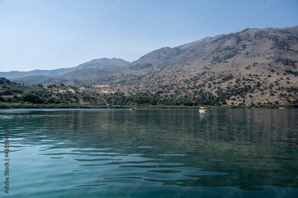mountain lake with fresh water and three colors of water in Crete 