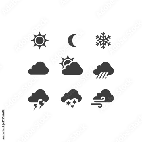 Weather forecast black vector icon set. Stormy, sunny, rain, snow icons. Sun and clouds, hot and cold symbols.