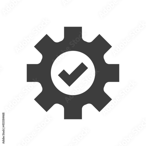 Cogwheel and checkmark black vector icon. Gear and ok, tick or checkmark symbol.