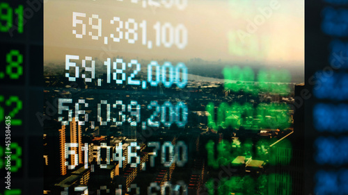 Stock market trend or Forex trading graph chart for financial planning as concept. Double exposure of digital number and price quote to do stock analysis with many indicators.	
