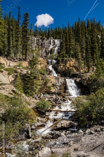 beautiful cascading waterfall. Tangle Creek waterfalls in Jasper National Park, Alberta, Canada photo