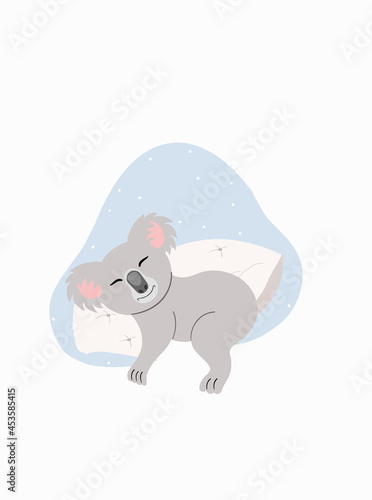 Children s illustration of a sleeping koala. Koala sleeps on a pillow. Gray koala
