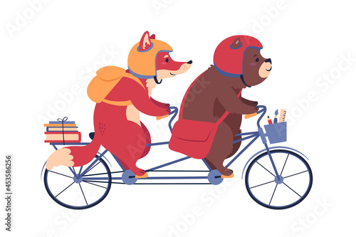 Fox and bear in helmets on a tandem bike. Cute cartoon characters.