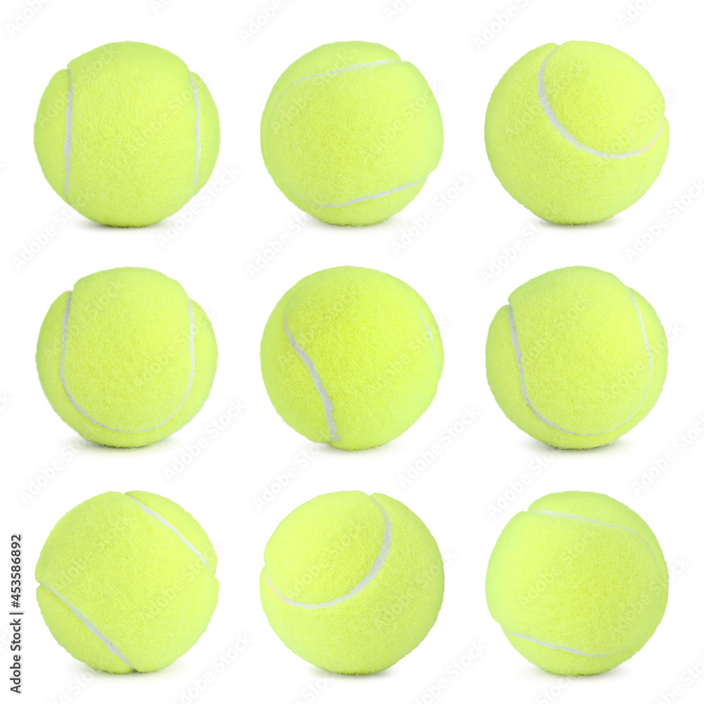 Set with bright tennis balls on white background