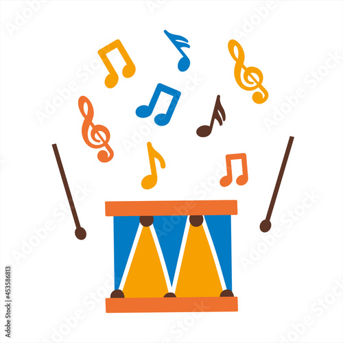 Children s drum with drumsticks and notes. Green, yellow and red colors. Children s toy in the style of flat vector