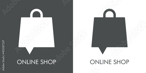 Logotipo con texto Online Shop con silueta de bolsa de la compra con forma de burbuja de habla en fondo gris y fondo banco