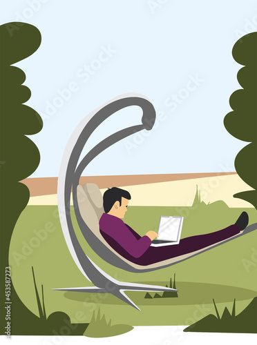 a man is working in the yard, a man and a laptop, a man is sitting in a chair outside with a laptop, rest and work