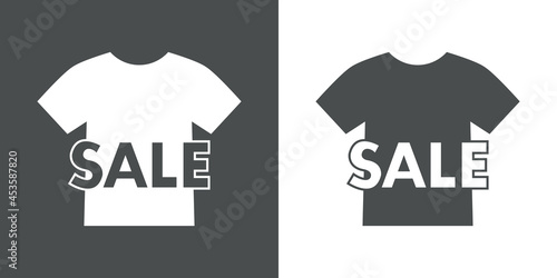 Logotipo con texto Sale en silueta de camiseta en fondo gris y fondo banco