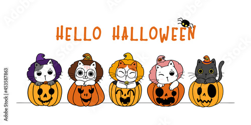 cute Happy Halloween banner funny kitten cat costume in craved Pumpkin cartoon flat vector illustration