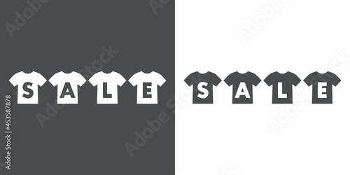 Logotipo con texto Sale en silueta de varias camisetas en fondo gris y fondo banco