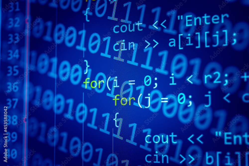 Abstract background of digital binary code of software. Programming software code on computer screen which develop by the programmer to solve the business requirement. Abstract background of digital binary code of software. Programming software code on computer screen which develop by the programmer to solve the business requirement.