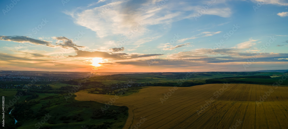 Aerial landscape view of yellow cultivated agricultural field with ripe wheat on vibrant summer evening.