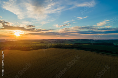 Aerial landscape view of yellow cultivated agricultural field with ripe wheat on vibrant summer evening.