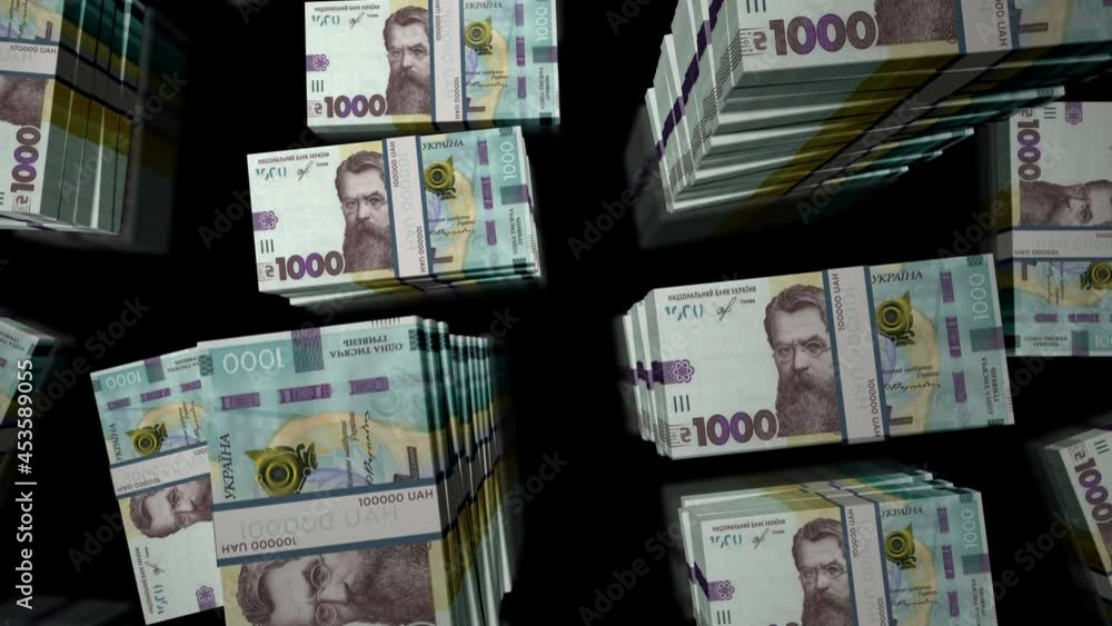 Ukrainian Hryvnia money pack loop. Flight over UAH Hryvna banknotes stacks top view. 3d loopable seamless animation. Abstract background concept of economy, crisis, business and finance in Ukraine. Ukrainian Hryvnia money pack loop. Flight over UAH Hryvna banknotes stacks top view. 3d loopable seamless animation. Abstract background concept of economy, crisis, business and finance in Ukraine.
