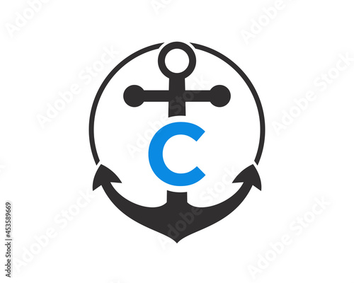 Anchor logo with C letter. Initial C letter with Anchor. Marine, Sailing Boat Logo