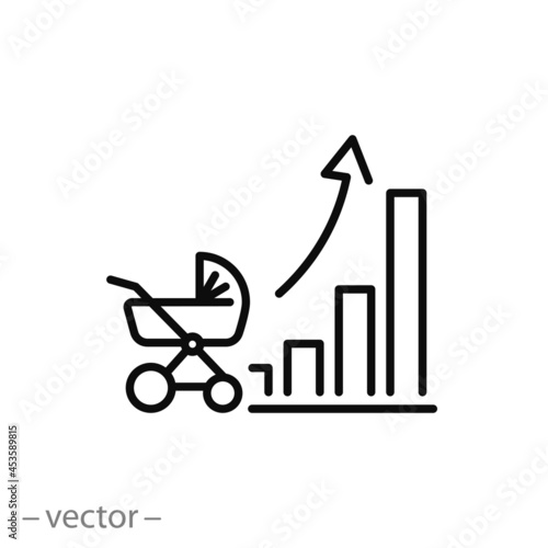 population growth and birth rate icon, increase social development, global demography rise, people evolution chart, thin line symbol on white background - editable stroke vector eps10