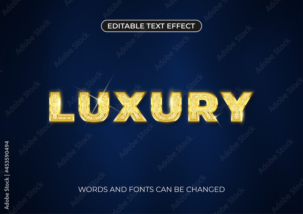 Luxury Text Effect. Editable gold text with glitters and shiny glare on dark blue background