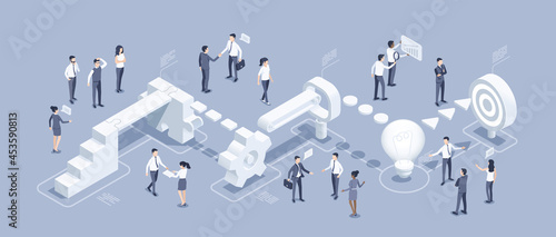 isometric vector illustration on a gray background, an abstract path to success through key stages, developing a strategy, people in business clothes work in a team