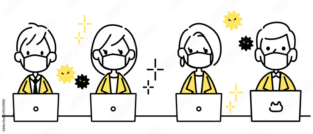 Naklejka premium 間隔をあけて仕事をする会社員のアイコンセット