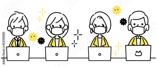 間隔をあけて仕事をする会社員のアイコンセット