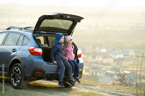 Side view of sister and brother sitting in car trunk and looking on nature. Concept of resting on fresh air with family. © bilanol