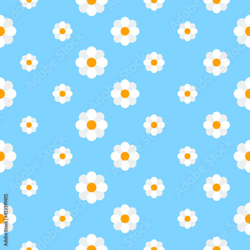 Soft floral fabric prints and chamomile or daisy home decor textile on blue background