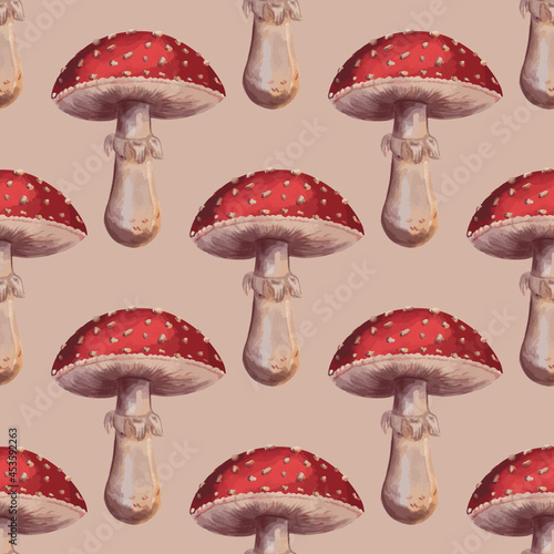 seamless pattern Amanita muscaria, fly agaric mushrooms on a beige background
