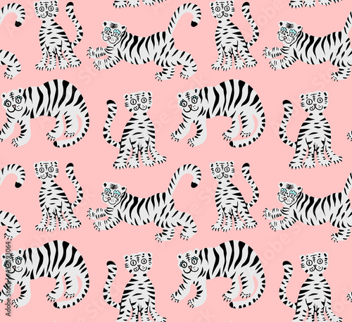 seamless pattern with cute tigers  white  black and pink colors