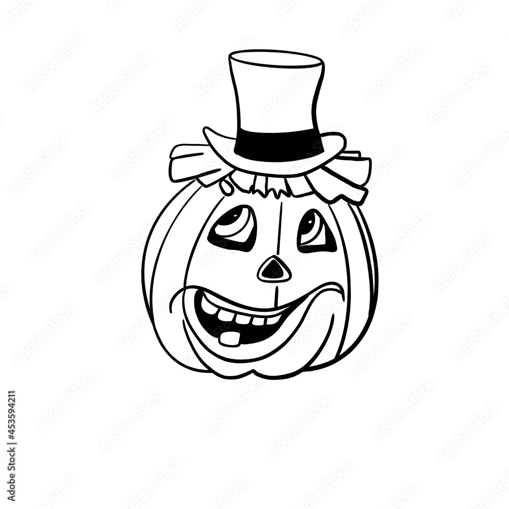 Simple illustration of a scary pumpkin in a hat, halloween celebration, black lines on a white background Simple illustration of a scary pumpkin in a hat, halloween celebration, black lines on a white background