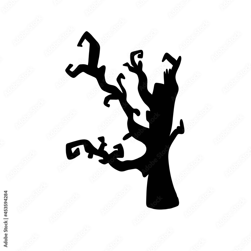 Simple illustration of a fairy tale mystical tree, halloween celebration, black lines on a white background Simple illustration of a fairy tale mystical tree, halloween celebration, black lines on a white background