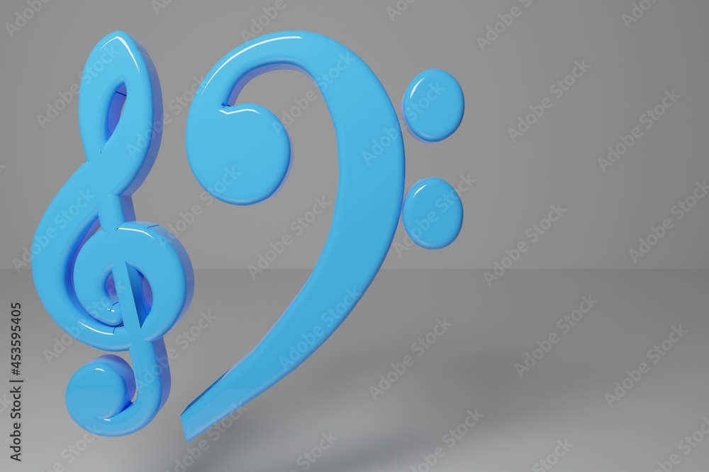 Blue musical symbols. Treble clef and Bass clef. Music notes and keys set on white background. 3d illustration Blue musical symbols. Treble clef and Bass clef. Music notes and keys set on white background. 3d illustration