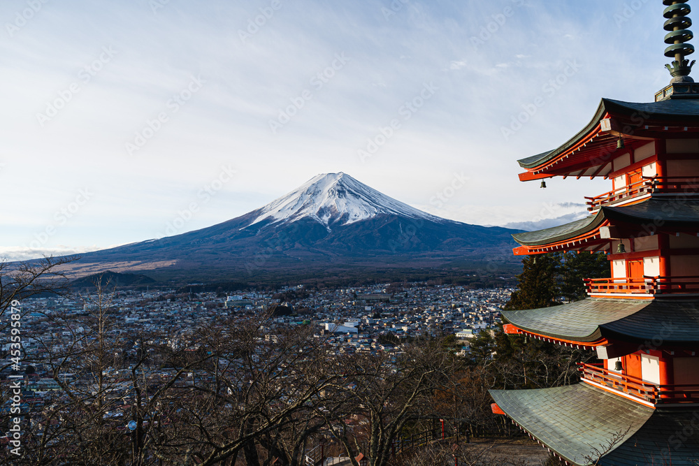 雪積もる富士山と五重塔