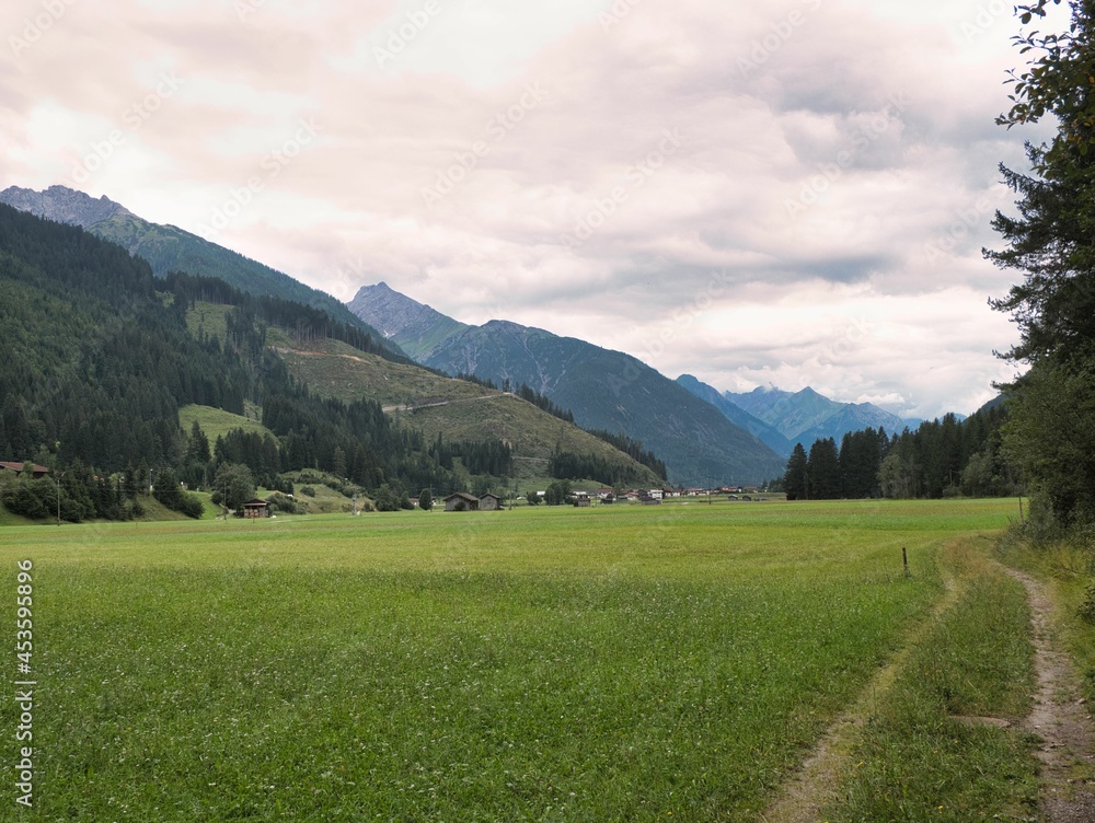 Feldweg zum Wandern in den Alpen in Österreich im Lechtal bei wolkigem Wetter mit idyllischen Berggipfeln in der Ferne