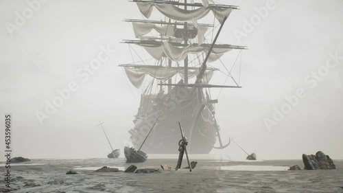 A medieval ship docked near a misty shore. The concept of maritime adventure in the Middle Ages. The animation is ideal for historical, educational, pirate and adventure backgrounds.