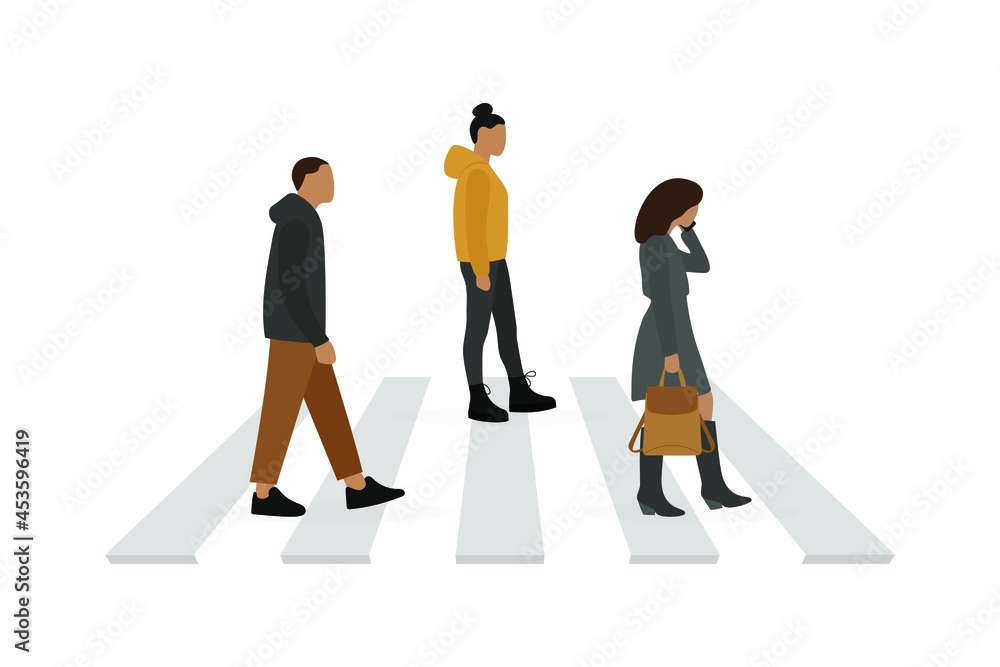 Fototapeta premium Male character and two female characters walking on a pedestrian crossing on a white background
