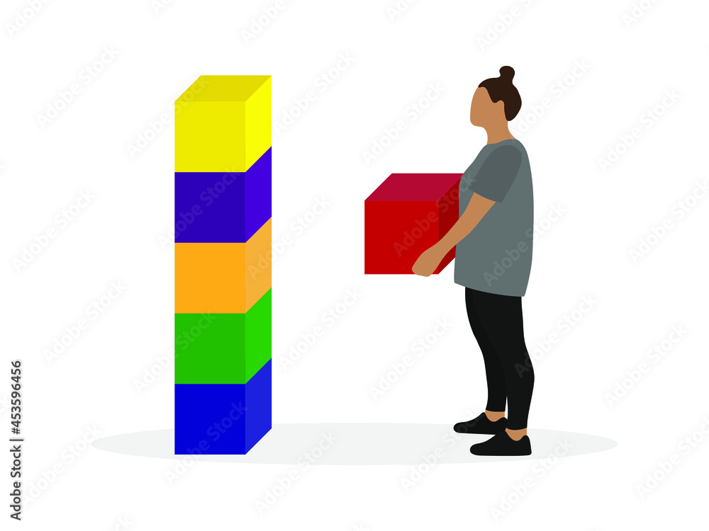 Female character with a large cube in her hands stands in front of a tower of cubes on a white background Female character with a large cube in her hands stands in front of a tower of cubes on a white background