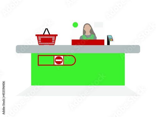 Checkout counter in supermarket with cashier and empty grocery basket on white background