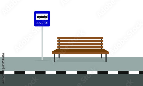 Bus stop sign and bench on sidewalk on white background