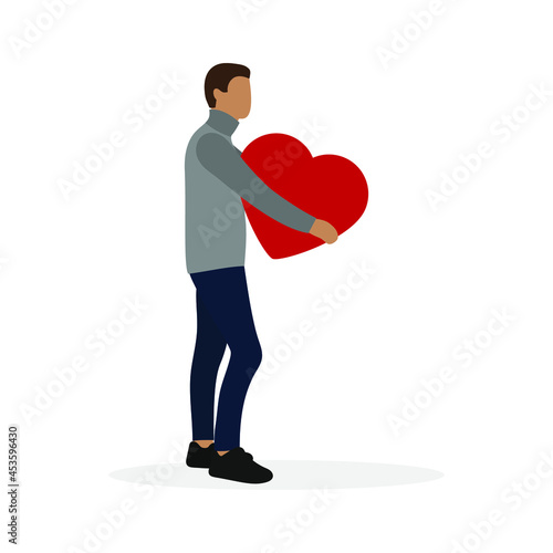 Male character giving big red heart on white background