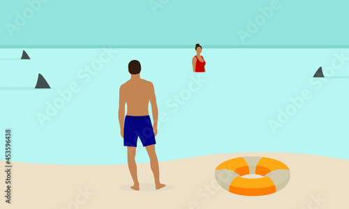 A male character with a lifebuoy stands on the beach and looks at a female character in the water surrounded by shark fins