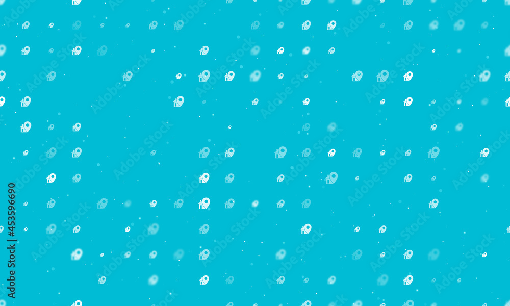 Seamless background pattern of evenly spaced white real estate location symbols of different sizes and opacity. Vector illustration on cyan background with stars
