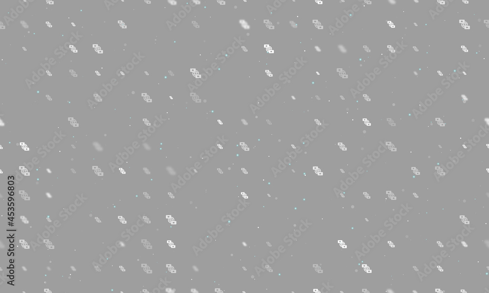 Seamless background pattern of evenly spaced white videoconference symbols of different sizes and opacity. Vector illustration on grey background with stars