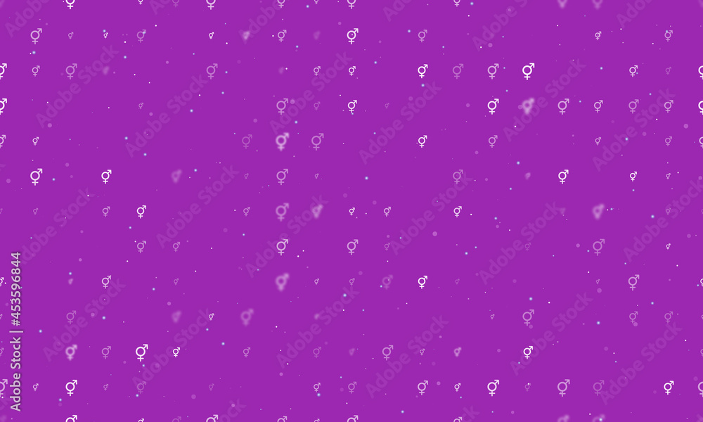 Seamless background pattern of evenly spaced white bigender symbols of different sizes and opacity. Vector illustration on purple background with stars